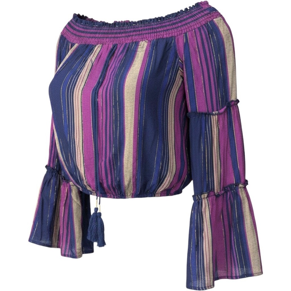 S Womens Off The‎ Shoulder Crop Top Blue Purple Gold Boho Striped Wonderly
